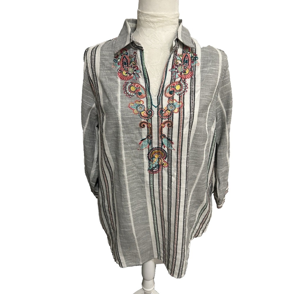 Caffe Marrakesh Striped Embroidered Shirt Tunic~M~100% Cotton Boho Festival EUC